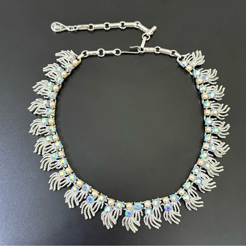 Vintage CORO Silver Tone Blue AB Rhinestones Faux Pearl Statement Necklace 67g.